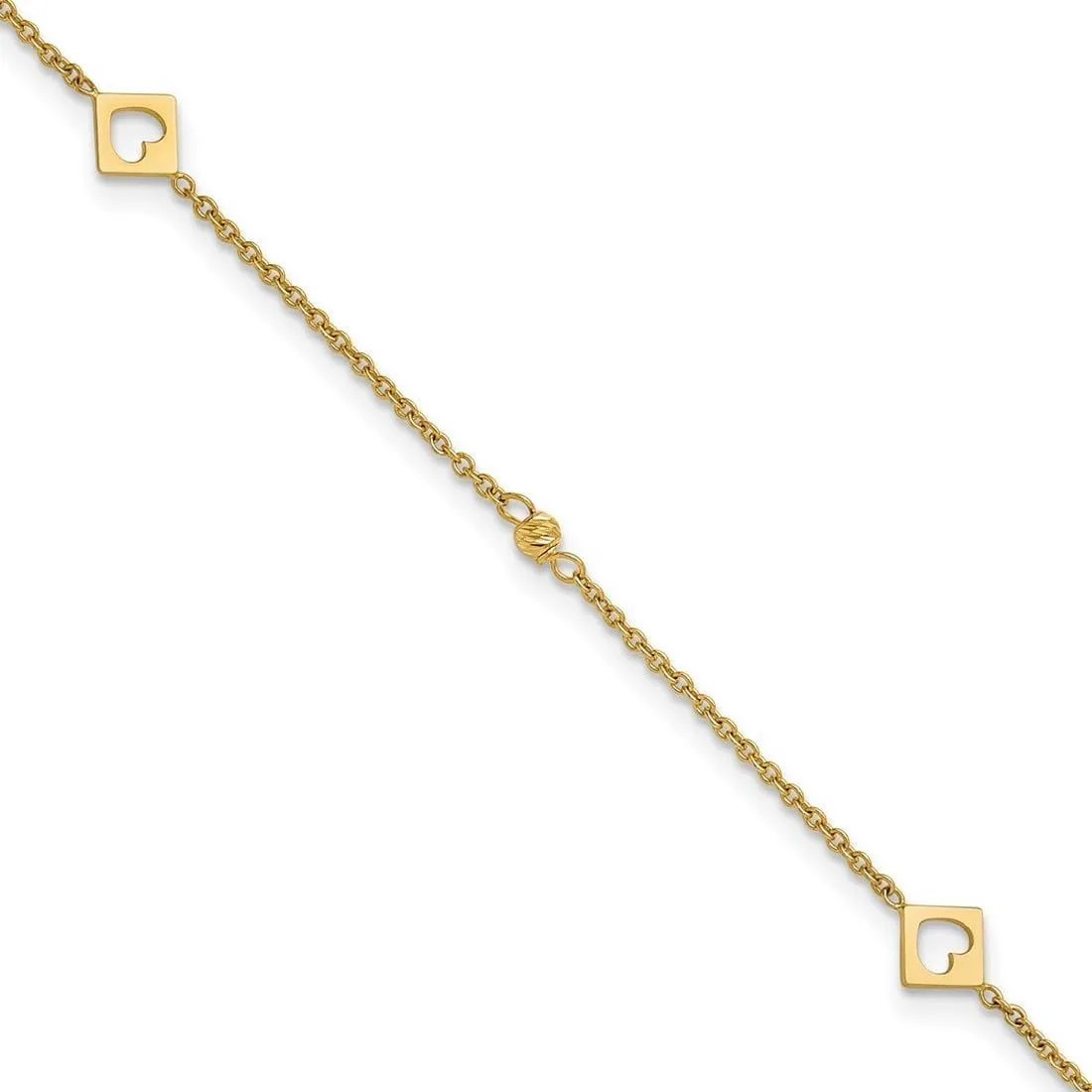 JewelryWeb 7.2mm 14k Solid Yellow Gold Link Love Hearts and Sparkle Cut Beads Plus 1in Extension Anklet 9 Inch-Anklet for Women