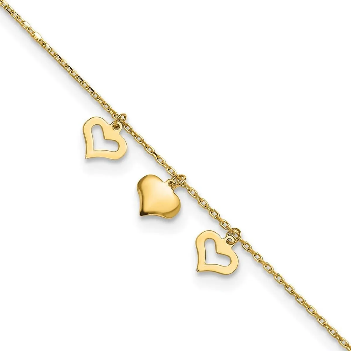JewelryWeb 7mm 10k Solid Yellow Gold 3 Love Hearts 9inch Plus 1in Extension Anklet 10 Inch-Anklet for Women