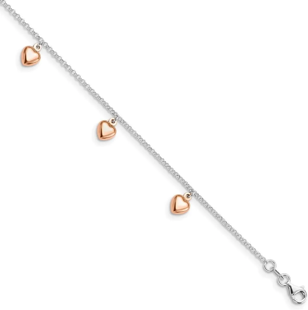 JewelryWeb 925 Sterling Silver Dangle Polished Fancy Lobster Closure Rose Gold Plated Adjustable Anklet (9 10) Inch 1mm Wide-Anklet for Women