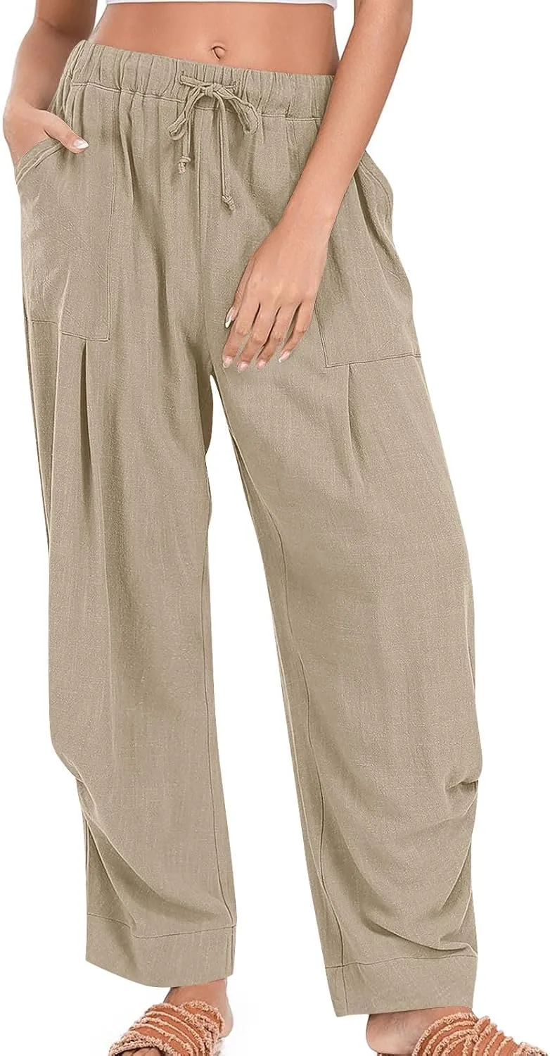 jsaierl Linen Pants for Women Pleated Palazzo Pant Cotton Boho Drawstring Waist Wide Leg Trousers Summer 2025 Y2K Outfits