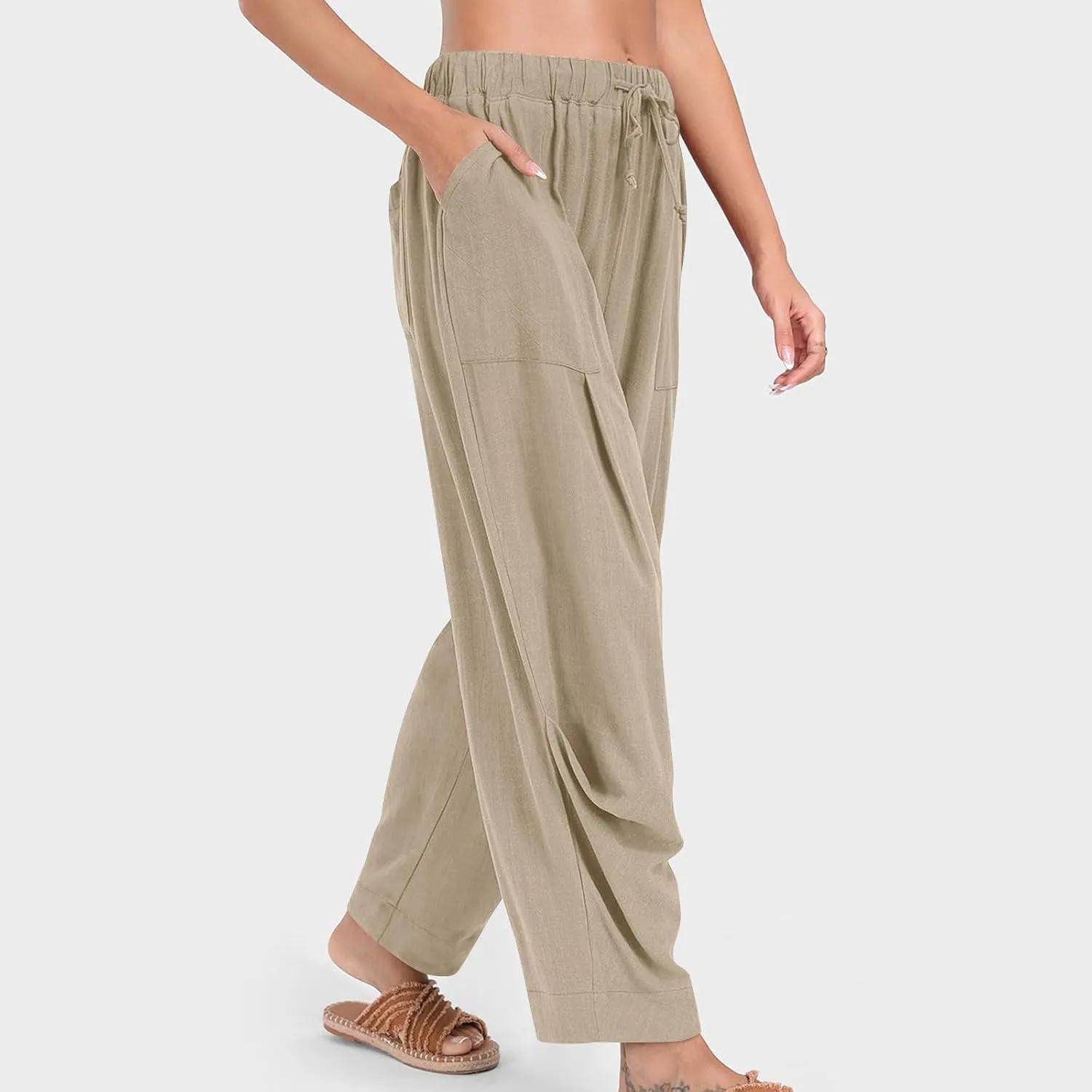 jsaierl Linen Pants for Women Pleated Palazzo Pant Cotton Boho Drawstring Waist Wide Leg Trousers Summer 2025 Y2K Outfits