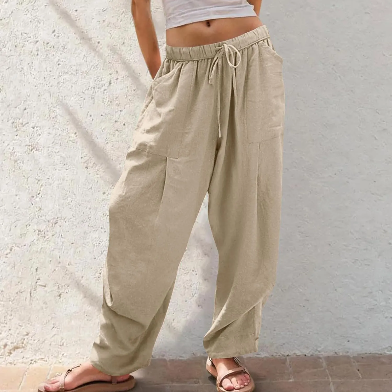 jsaierl Linen Pants for Women Pleated Palazzo Pant Cotton Boho Drawstring Waist Wide Leg Trousers Summer 2025 Y2K Outfits