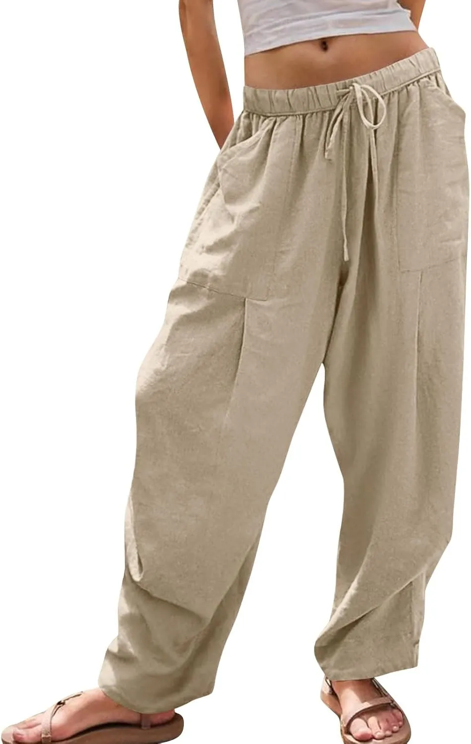 jsaierl Linen Pants for Women Pleated Palazzo Pant Cotton Boho Drawstring Waist Wide Leg Trousers Summer 2025 Y2K Outfits