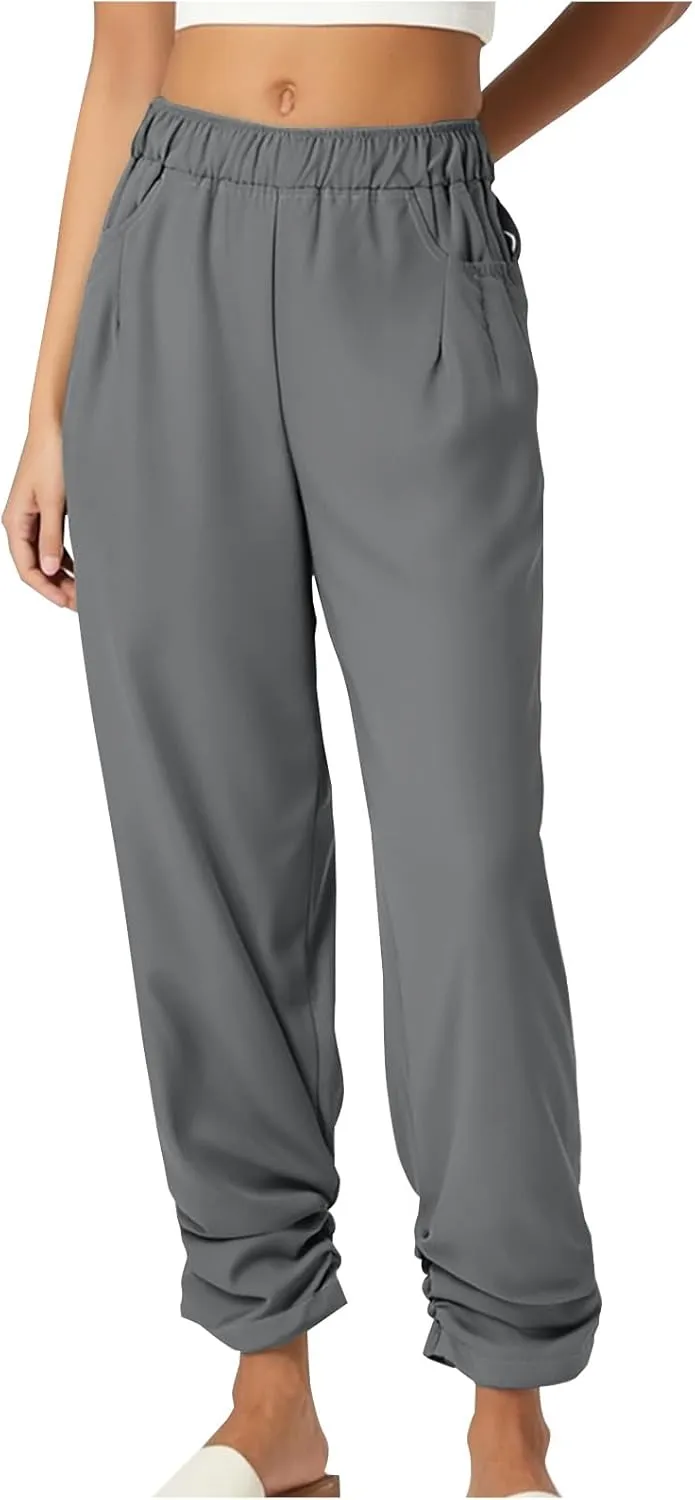 jsaierl Women Casual Wide Leg Pants Pleated Cotton Linen Trousers Elastic High Waisted Fashion Y2K Long Pant with Pockets