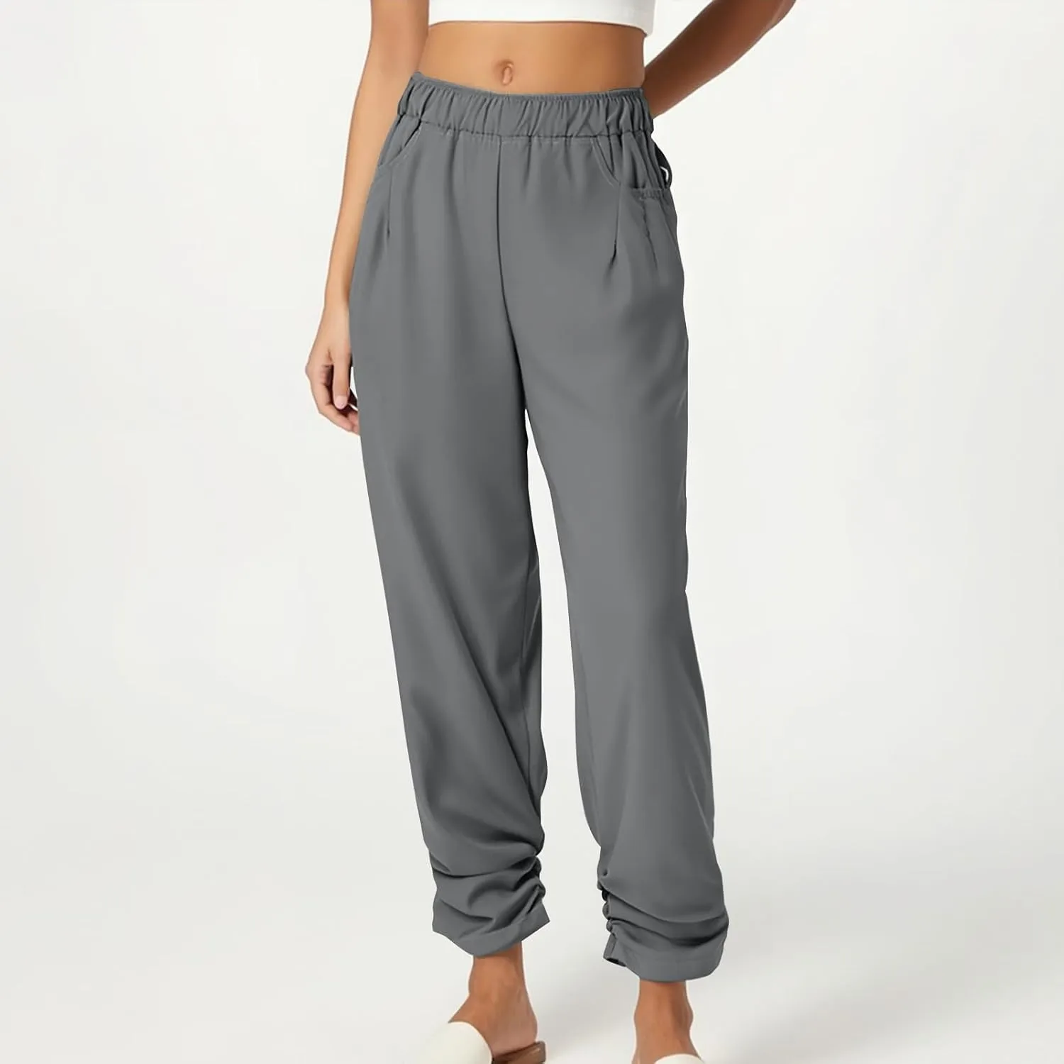 jsaierl Women Casual Wide Leg Pants Pleated Cotton Linen Trousers Elastic High Waisted Fashion Y2K Long Pant with Pockets