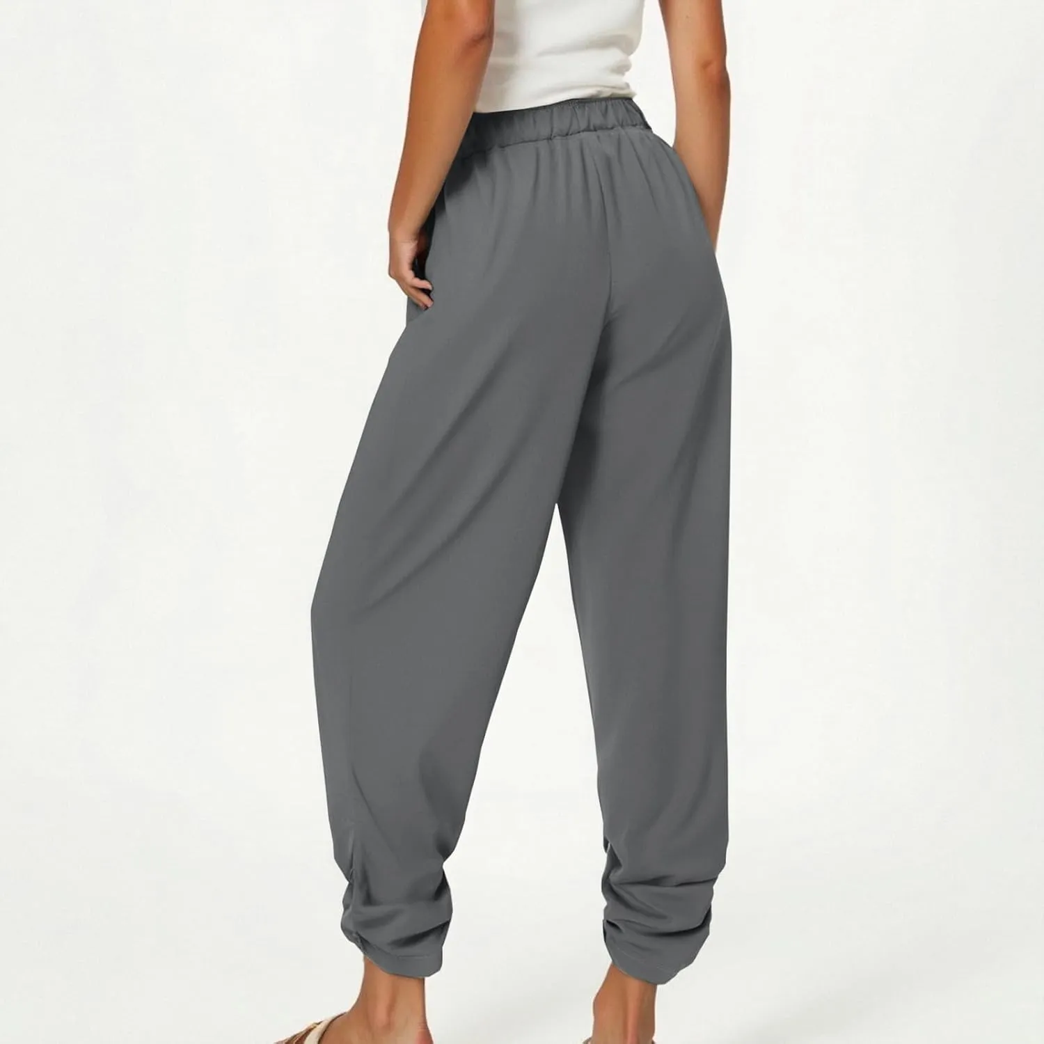 jsaierl Women Casual Wide Leg Pants Pleated Cotton Linen Trousers Elastic High Waisted Fashion Y2K Long Pant with Pockets