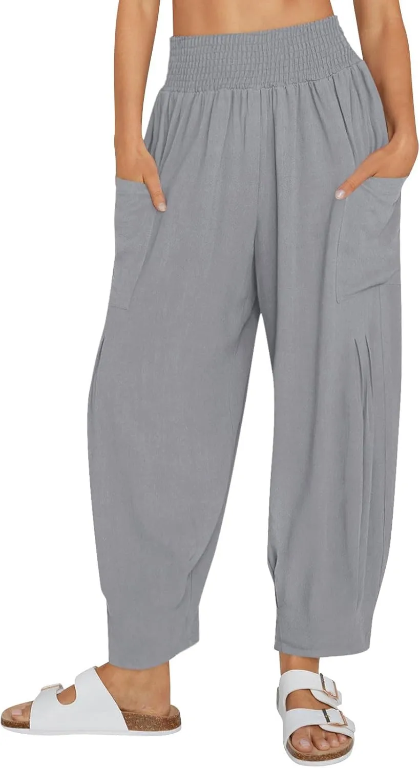 jsaierl Women Linen Pants Loose Elastic Waist Baggy Wide Leg Harem Pant Pleated Hippie Palazzo Boho Trousers with Pockets
