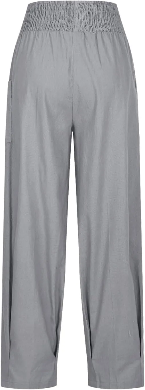 jsaierl Women Linen Pants Loose Elastic Waist Baggy Wide Leg Harem Pant Pleated Hippie Palazzo Boho Trousers with Pockets