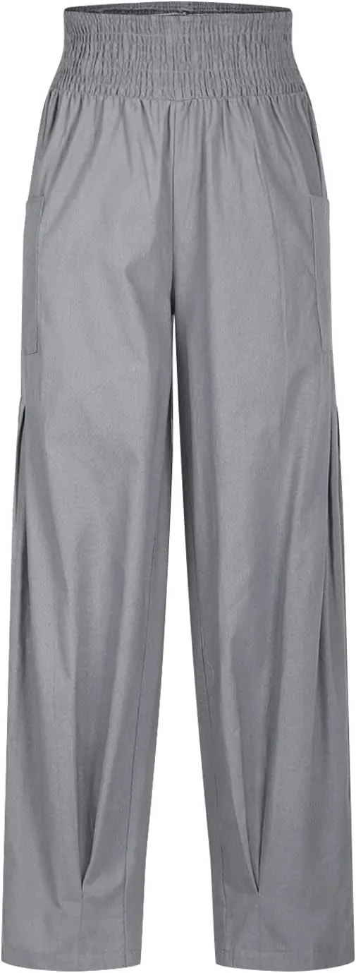 jsaierl Women Linen Pants Loose Elastic Waist Baggy Wide Leg Harem Pant Pleated Hippie Palazzo Boho Trousers with Pockets