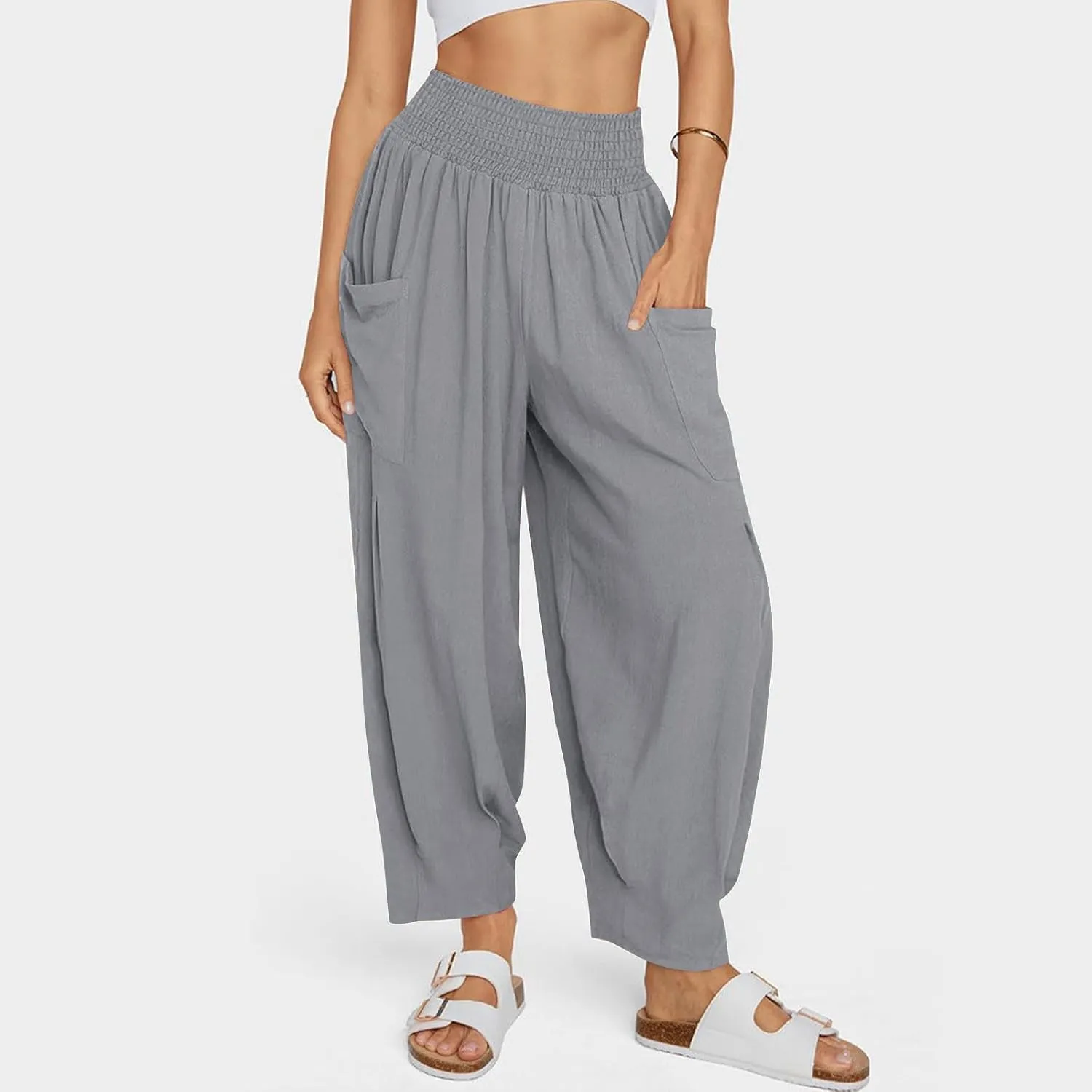 jsaierl Women Linen Pants Loose Elastic Waist Baggy Wide Leg Harem Pant Pleated Hippie Palazzo Boho Trousers with Pockets