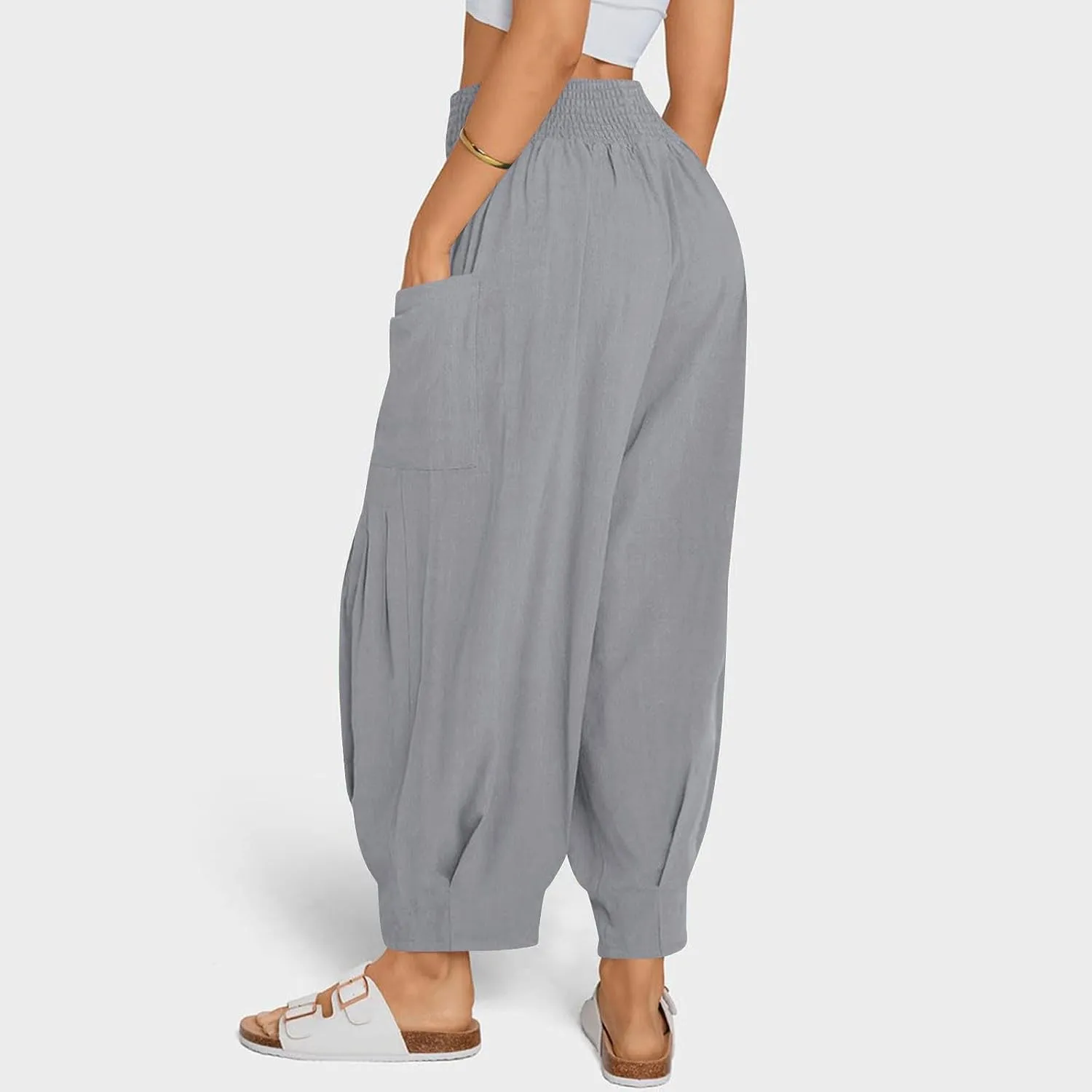 jsaierl Women Linen Pants Loose Elastic Waist Baggy Wide Leg Harem Pant Pleated Hippie Palazzo Boho Trousers with Pockets