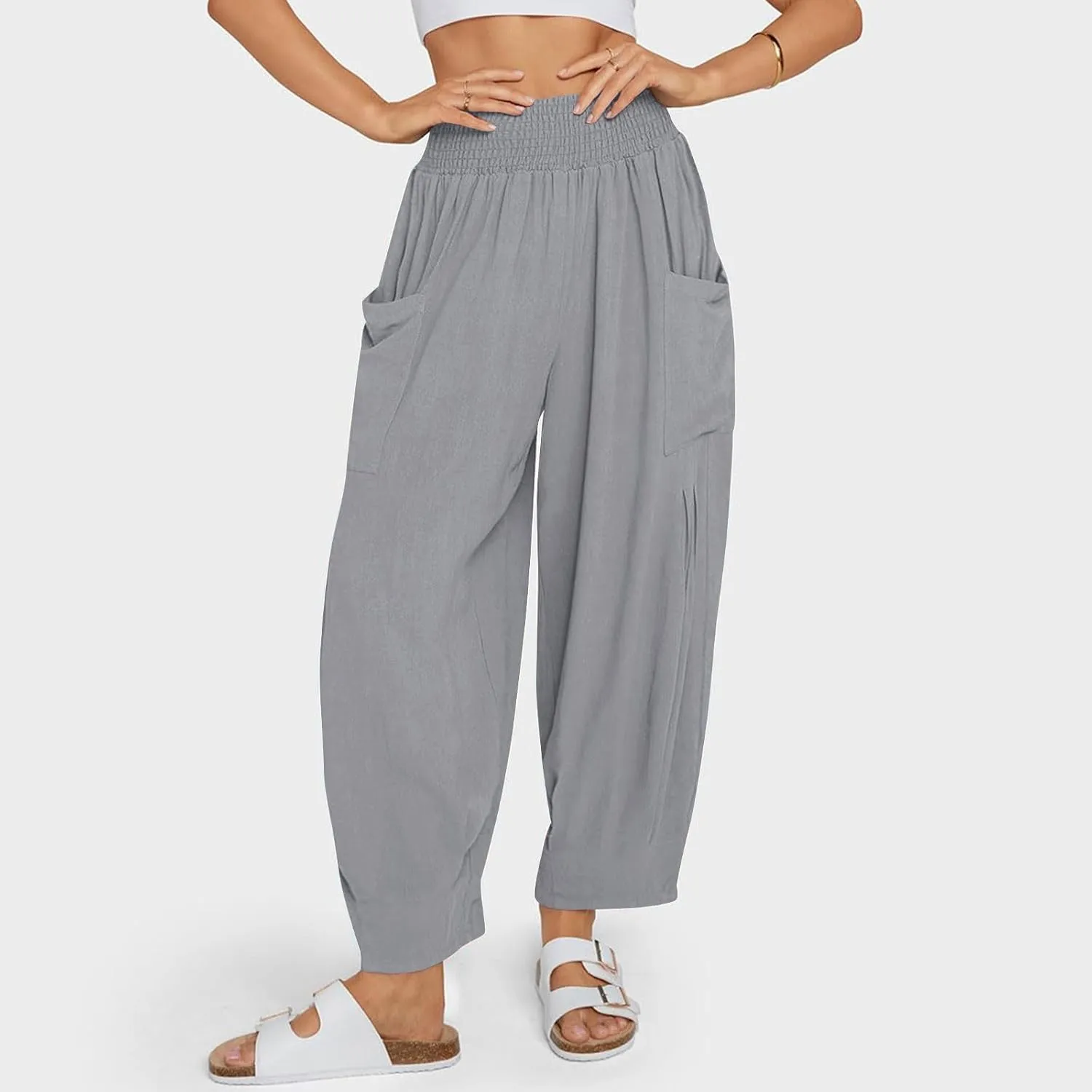 jsaierl Women Linen Pants Loose Elastic Waist Baggy Wide Leg Harem Pant Pleated Hippie Palazzo Boho Trousers with Pockets