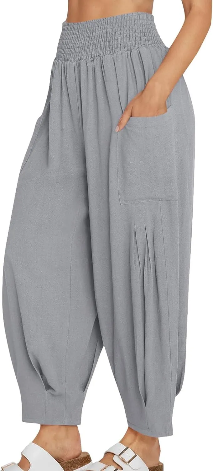 jsaierl Women Linen Pants Loose Elastic Waist Baggy Wide Leg Harem Pant Pleated Hippie Palazzo Boho Trousers with Pockets