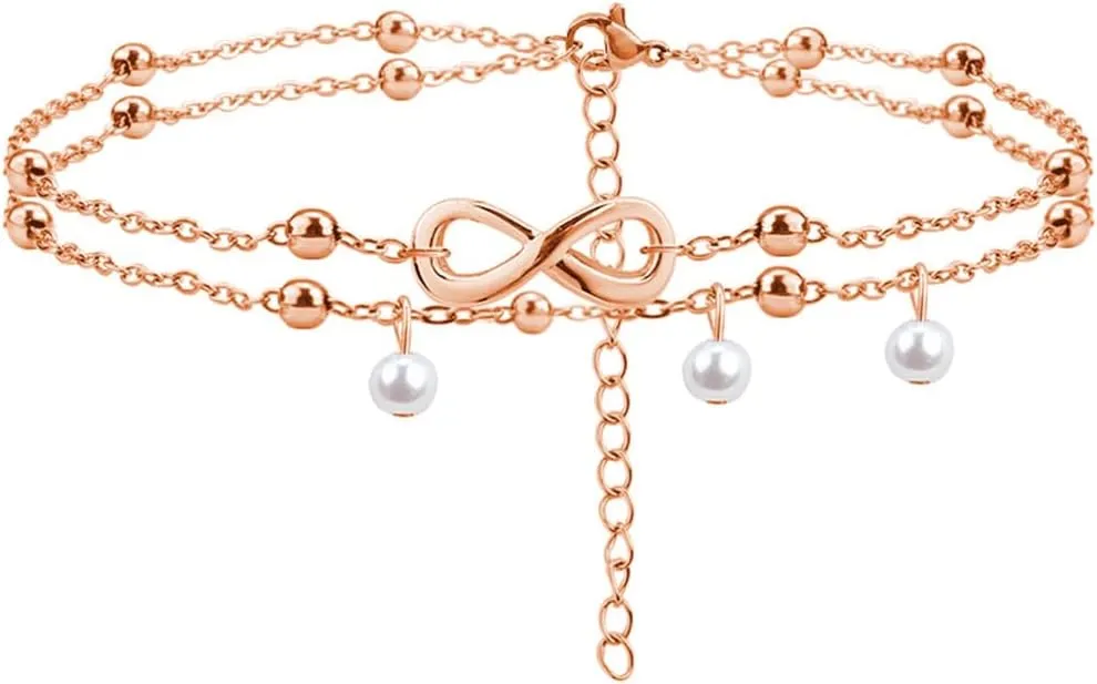 Jude Jewelers Stainless Steel Infinity Charm Faux Pearl Double Strand Anklets