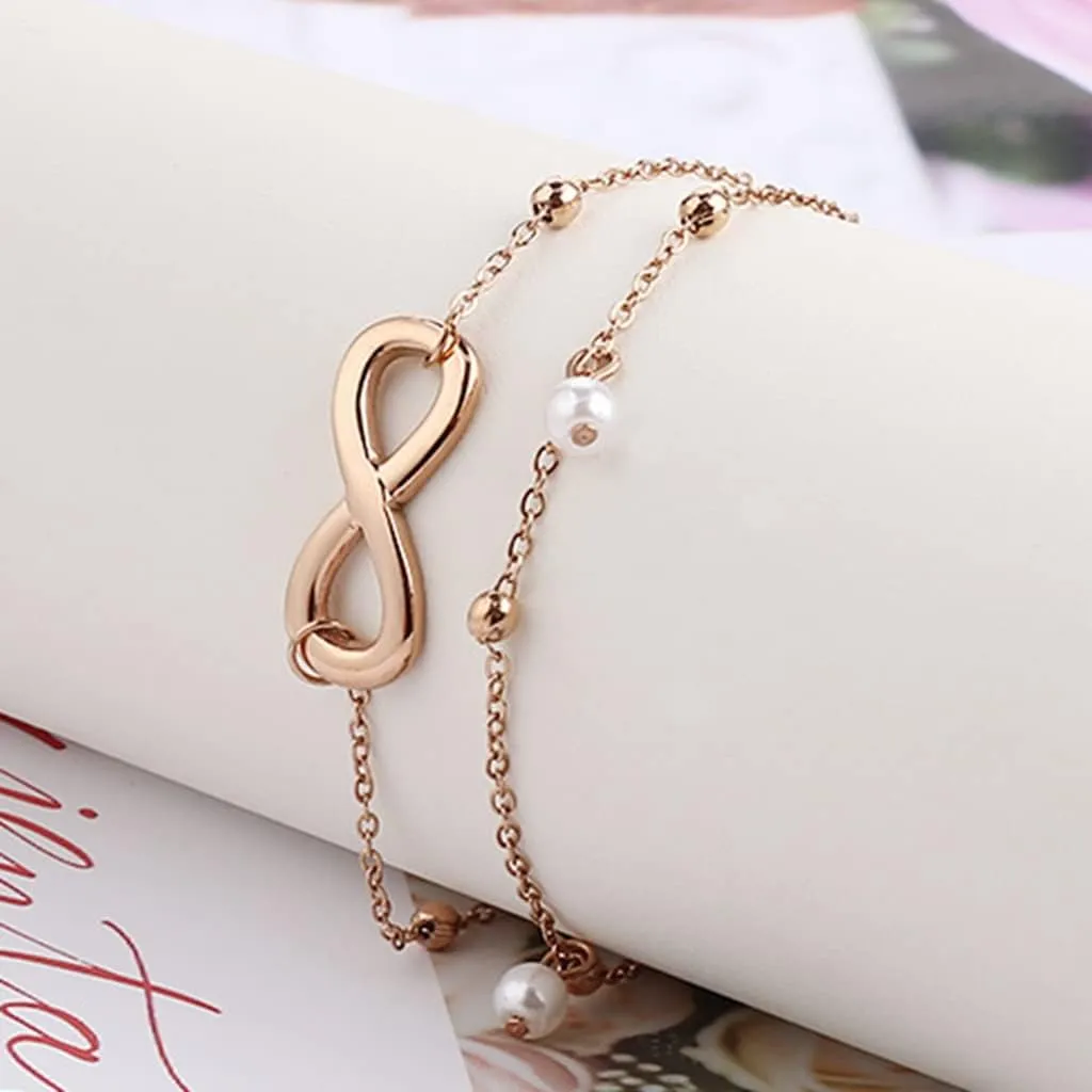 Jude Jewelers Stainless Steel Infinity Charm Faux Pearl Double Strand Anklets