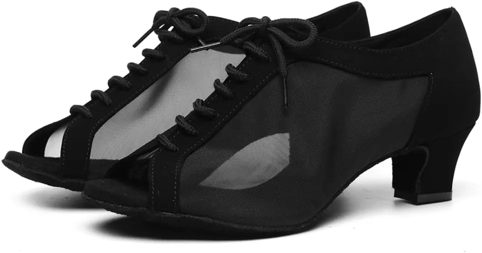 JUODVMP Low Heel Latin Ballroom Dance Shoes Women,Open Toe Professional Salsa Dance Heels Lace Up,Model YCL504