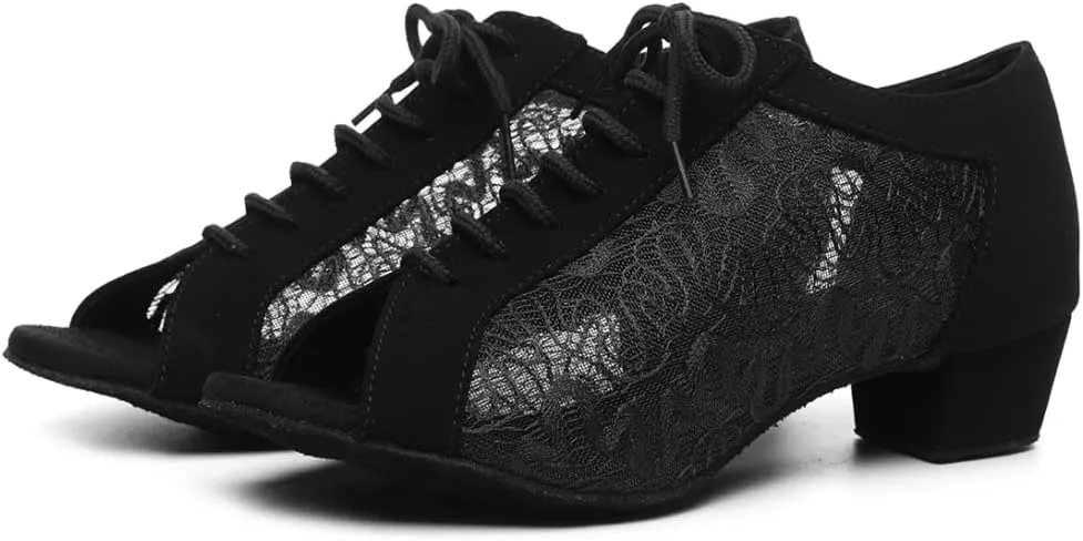 JUODVMP Low Heel Latin Ballroom Dance Shoes Women,Open Toe Professional Salsa Dance Heels Lace Up,Model YCL504