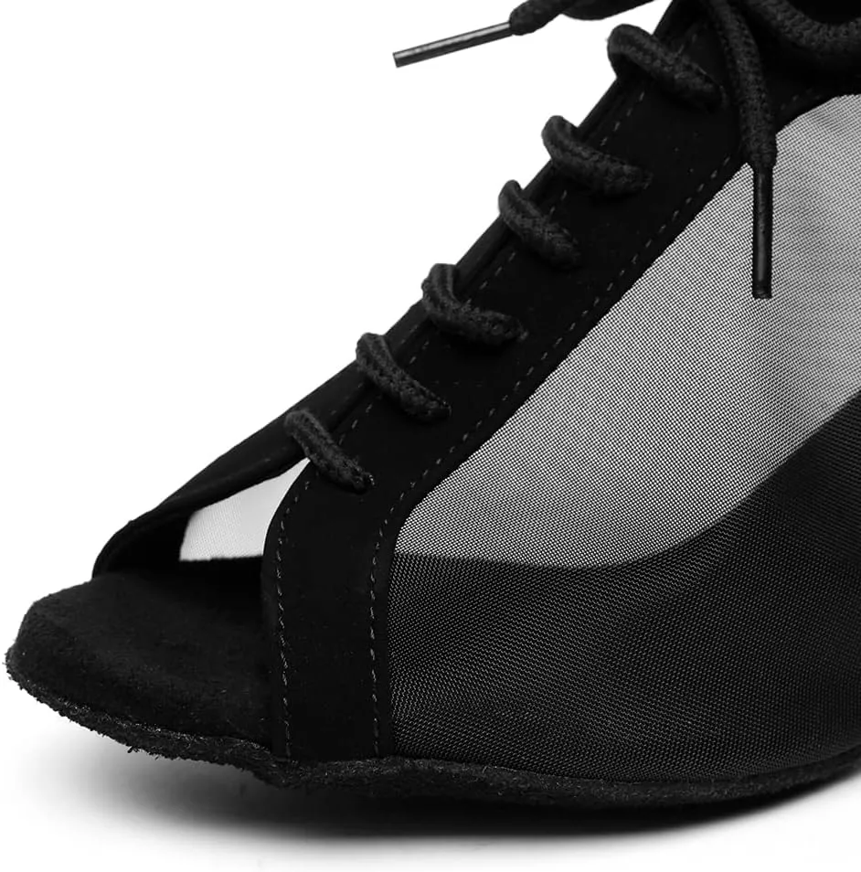 JUODVMP Low Heel Latin Ballroom Dance Shoes Women,Open Toe Professional Salsa Dance Heels Lace Up,Model YCL504