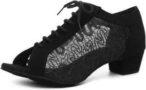JUODVMP Low Heel Latin Ballroom Dance Shoes Women,Open Toe Professional Salsa Dance Heels Lace Up,Model YCL504