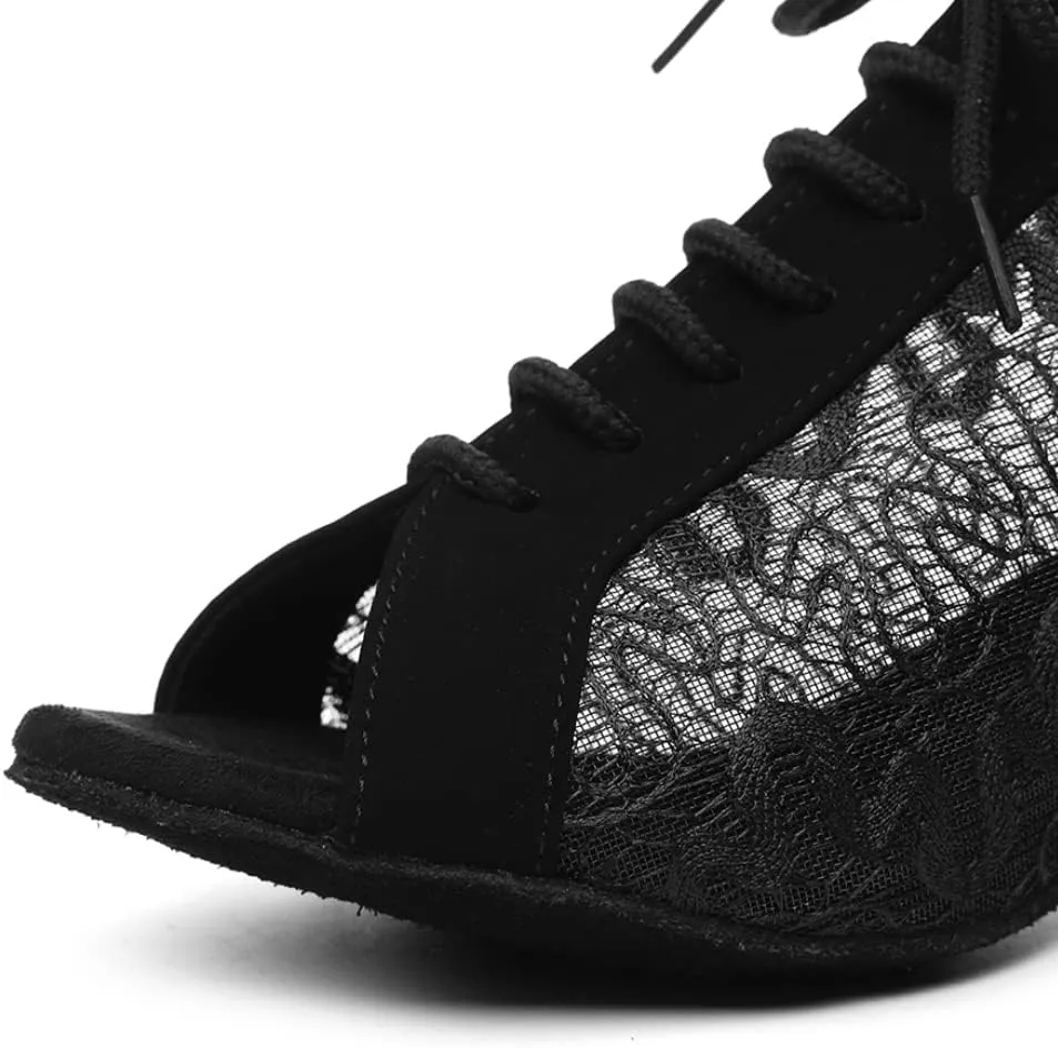 JUODVMP Low Heel Latin Ballroom Dance Shoes Women,Open Toe Professional Salsa Dance Heels Lace Up,Model YCL504