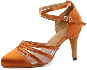 JUODVMP Women's Closed Toe Dance Heels Brown Satin Latin Ballroom Dance Shoes for Wedding Party Model YCL189