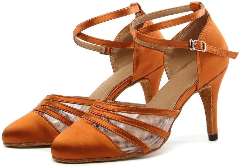 JUODVMP Women's Closed Toe Dance Heels Brown Satin Latin Ballroom Dance Shoes for Wedding Party Model YCL189