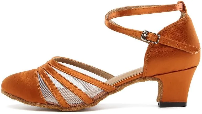 JUODVMP Women's Closed Toe Dance Heels Brown Satin Latin Ballroom Dance Shoes for Wedding Party Model YCL189