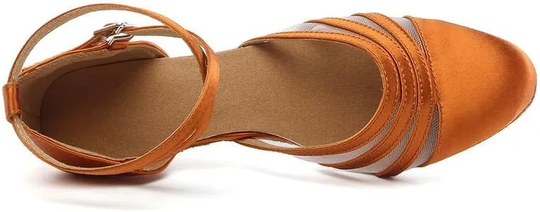 JUODVMP Women's Closed Toe Dance Heels Brown Satin Latin Ballroom Dance Shoes for Wedding Party Model YCL189