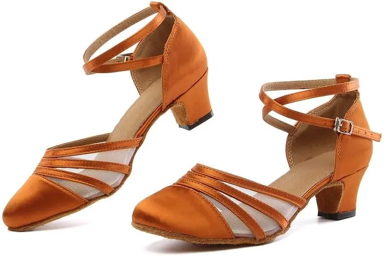 JUODVMP Women's Closed Toe Dance Heels Brown Satin Latin Ballroom Dance Shoes for Wedding Party Model YCL189
