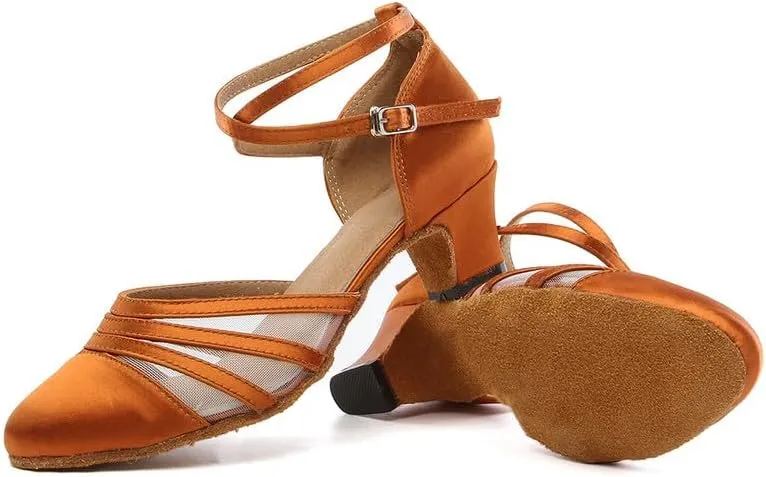 JUODVMP Women's Closed Toe Dance Heels Brown Satin Latin Ballroom Dance Shoes for Wedding Party Model YCL189
