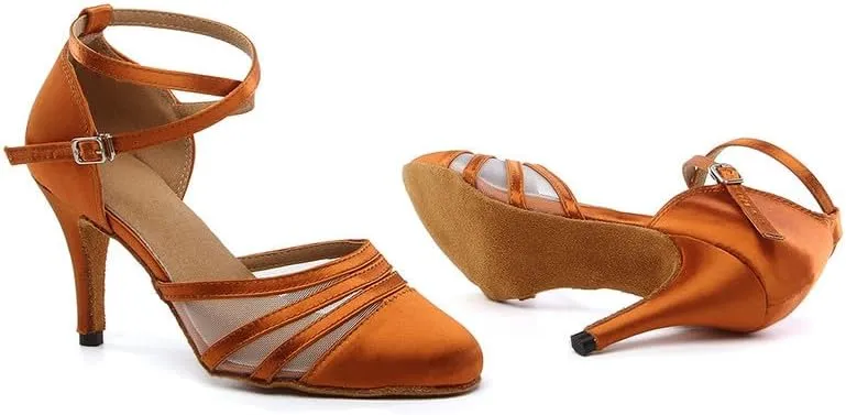 JUODVMP Women's Closed Toe Dance Heels Brown Satin Latin Ballroom Dance Shoes for Wedding Party Model YCL189