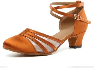 JUODVMP Women's Closed Toe Dance Heels Brown Satin Latin Ballroom Dance Shoes for Wedding Party Model YCL189