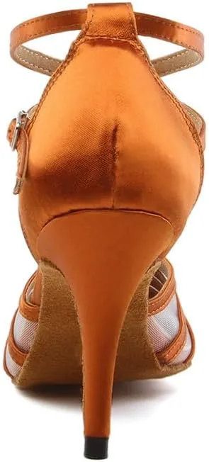 JUODVMP Women's Closed Toe Dance Heels Brown Satin Latin Ballroom Dance Shoes for Wedding Party Model YCL189