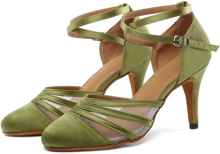 JUODVMP Women's Closed Toe Dance Heels Green Satin Latin Ballroom Dance Shoes for Wedding Party Model YCL189