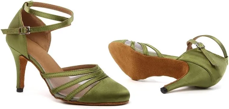 JUODVMP Women's Closed Toe Dance Heels Green Satin Latin Ballroom Dance Shoes for Wedding Party Model YCL189