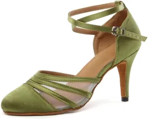 JUODVMP Women's Closed Toe Dance Heels Green Satin Latin Ballroom Dance Shoes for Wedding Party Model YCL189