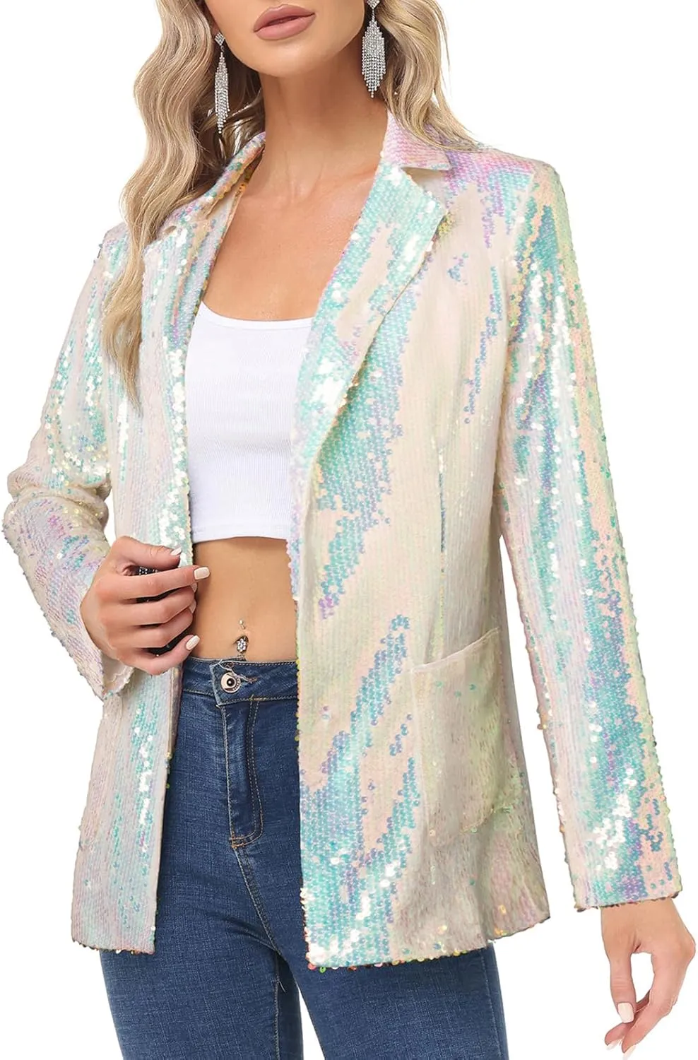 KANCY KOLE Women's Sequin Jackets Open Front Blazer Jacket Casual Long Sleeve Sparkly Cardigan Coat with Pocket S-XXL