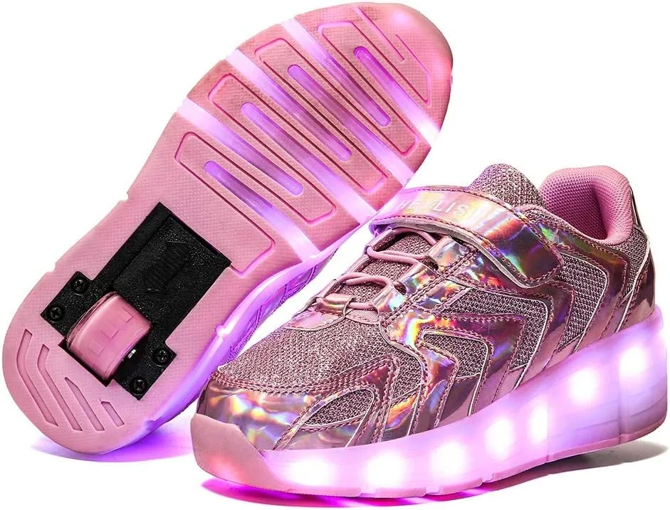 Kids Roller Skate Shoes with Single Wheel Shoes Sport Sneaker Led Rechargeable Retractable Flashing Sneakers for Unisex Girls Boys Beginners GiftPink-USA 13