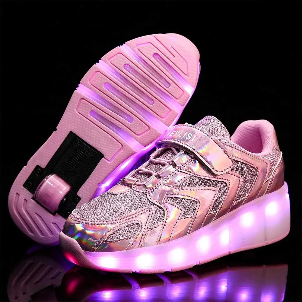 Kids Roller Skate Shoes with Single Wheel Shoes Sport Sneaker Led Rechargeable Retractable Flashing Sneakers for Unisex Girls Boys Beginners GiftPink-USA 13