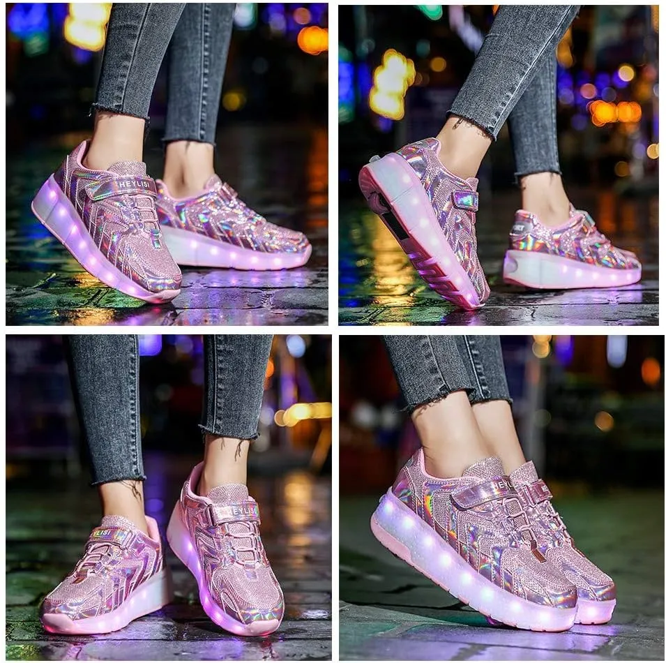 Kids Roller Skate Shoes with Single Wheel Shoes Sport Sneaker Led Rechargeable Retractable Flashing Sneakers for Unisex Girls Boys Beginners GiftPink-USA 13