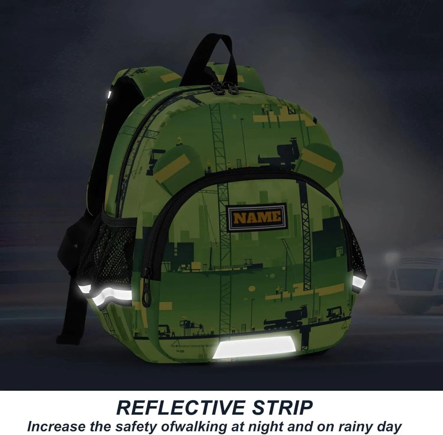 KLL Custom Cute Ears Backpacks For School Leash Cool Girls Anti-Lost Personalized Backpack with Reflective Strip M Construction Scene Plant Building Tower Crane Road Roller