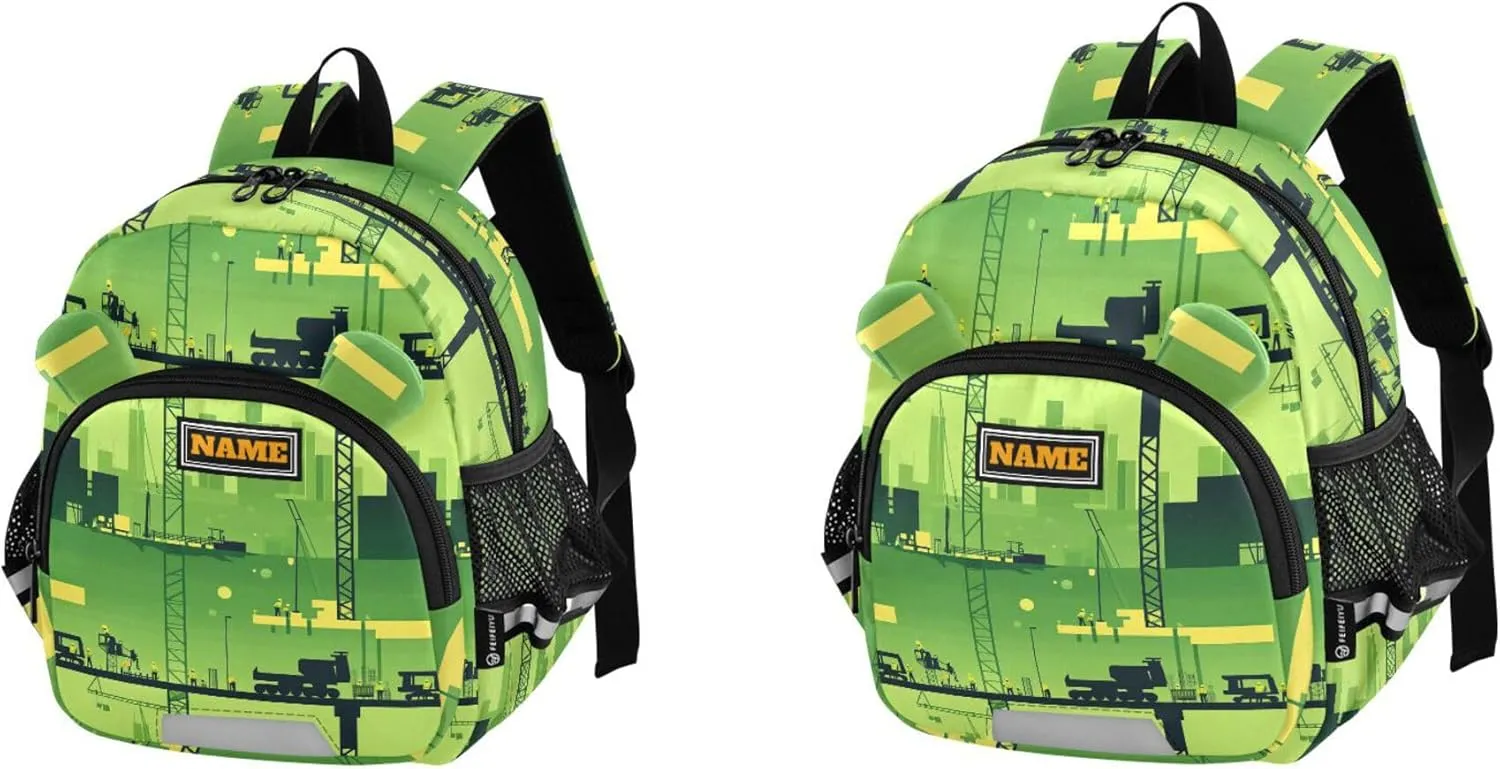 KLL Custom Cute Ears Backpacks For School Leash Cool Girls Anti-Lost Personalized Backpack with Reflective Strip M Construction Scene Plant Building Tower Crane Road Roller