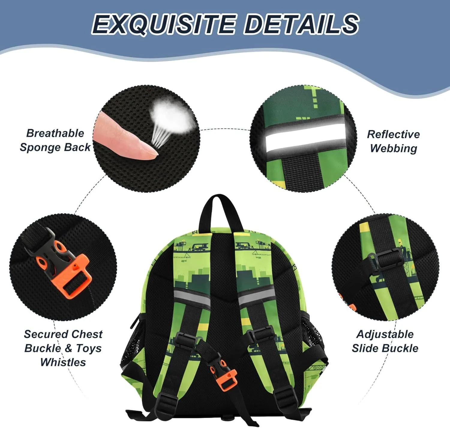 KLL Custom Cute Ears Backpacks For School Leash Cool Girls Anti-Lost Personalized Backpack with Reflective Strip M Construction Scene Plant Building Tower Crane Road Roller