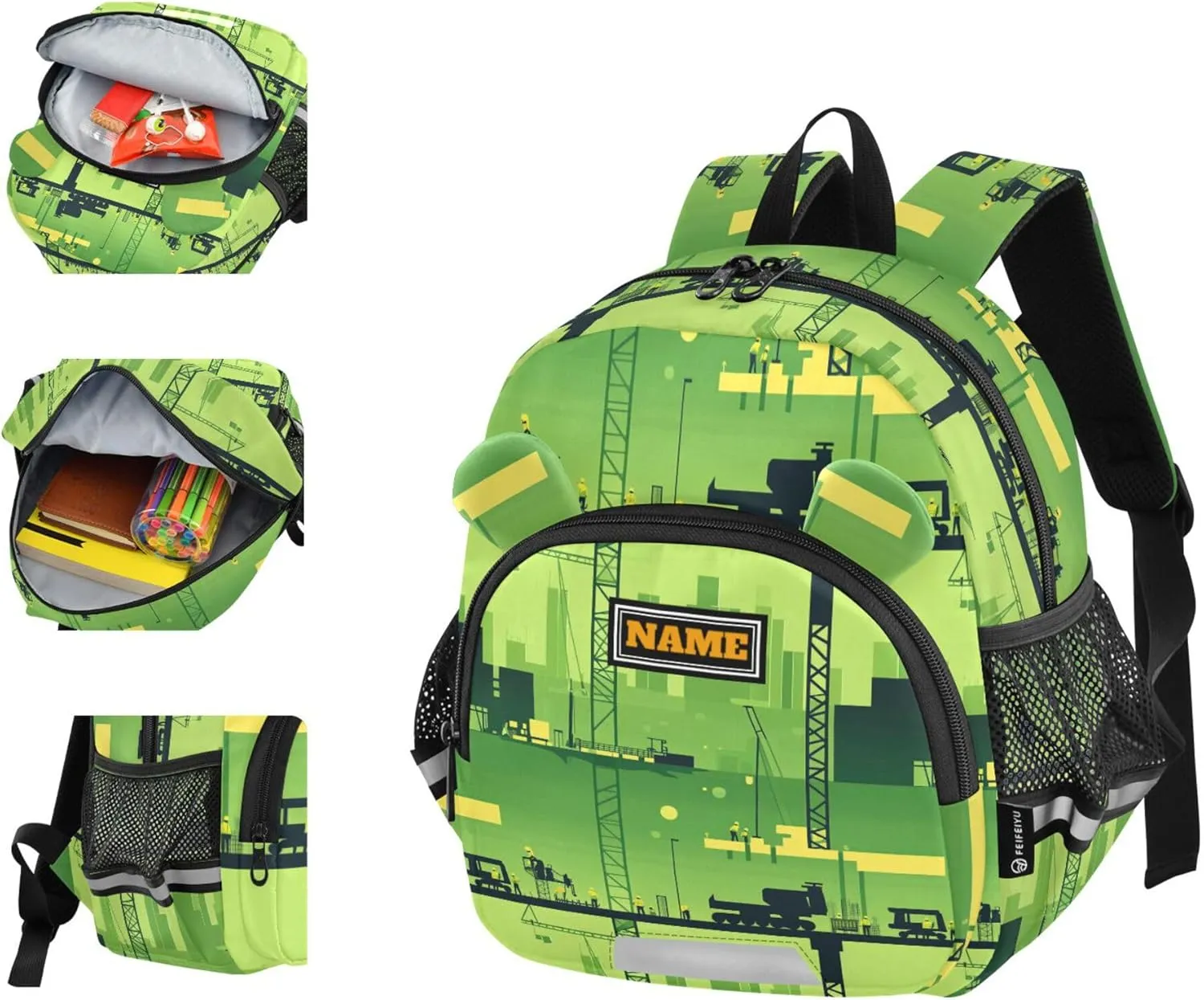 KLL Custom Cute Ears Backpacks For School Leash Cool Girls Anti-Lost Personalized Backpack with Reflective Strip M Construction Scene Plant Building Tower Crane Road Roller