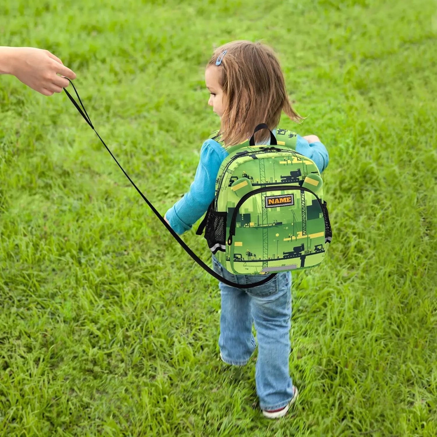 KLL Custom Cute Ears Backpacks For School Leash Cool Girls Anti-Lost Personalized Backpack with Reflective Strip M Construction Scene Plant Building Tower Crane Road Roller