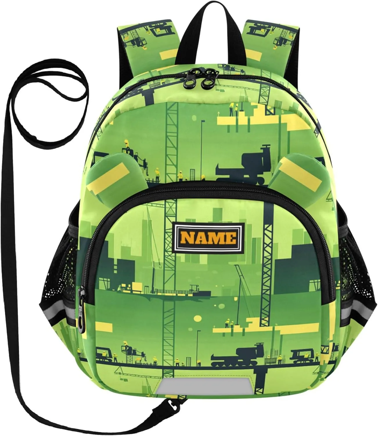 KLL Custom Cute Ears Backpacks For School Leash Cool Girls Anti-Lost Personalized Backpack with Reflective Strip M Construction Scene Plant Building Tower Crane Road Roller