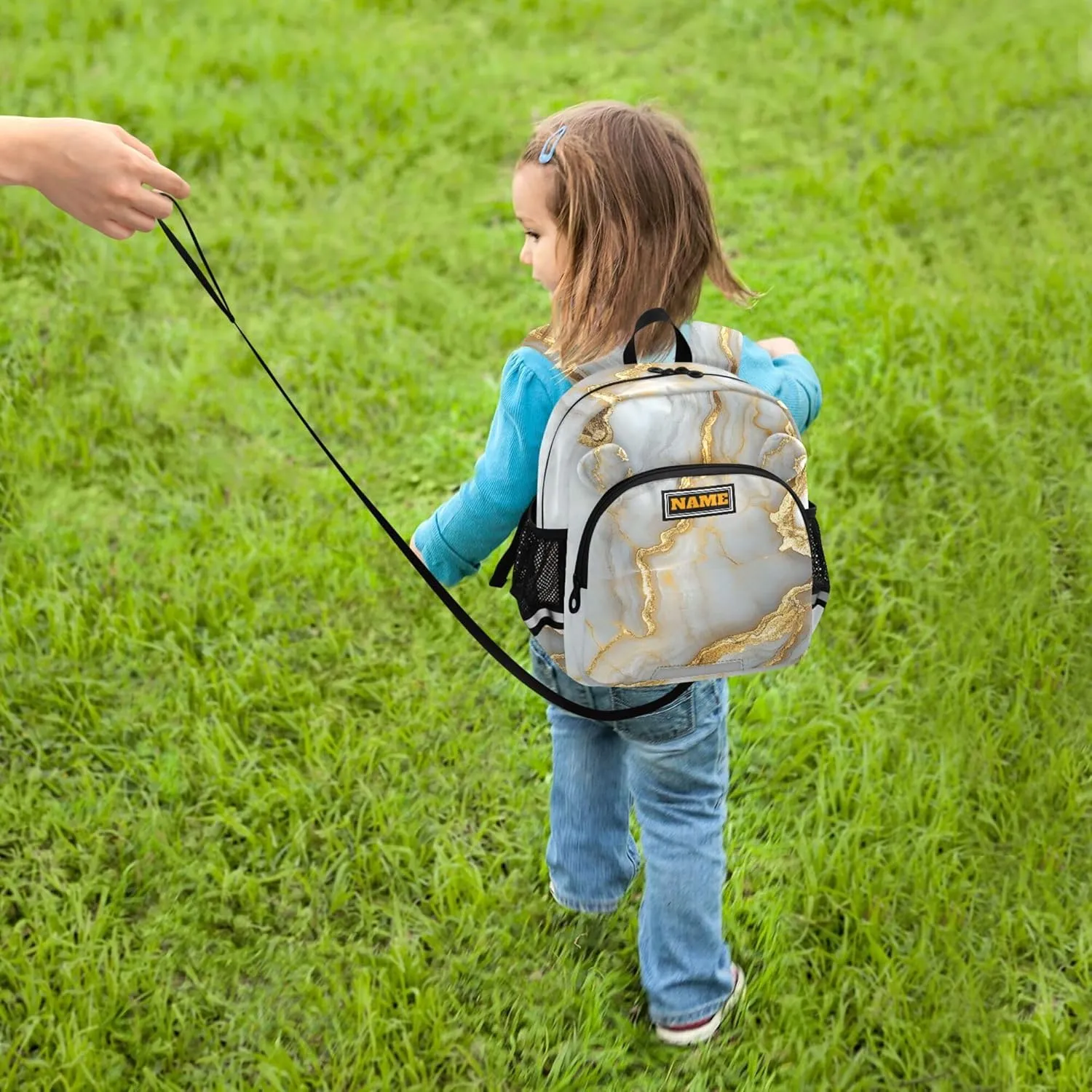 KLL Custom Cute Ears Cute Small Backpacks Leash Boy's/Girl's Anti-Lost Personalized Toddler Book Bag with Reflective Strip S Marble White Gold