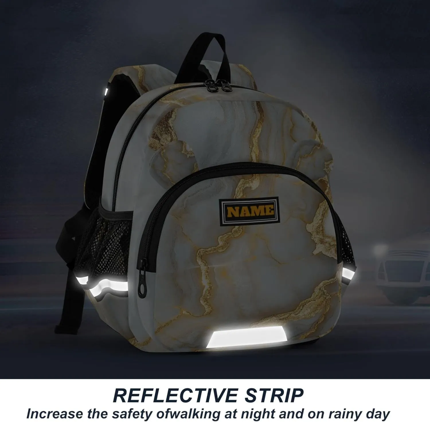 KLL Custom Cute Ears Cute Small Backpacks Leash Boy's/Girl's Anti-Lost Personalized Toddler Book Bag with Reflective Strip S Marble White Gold
