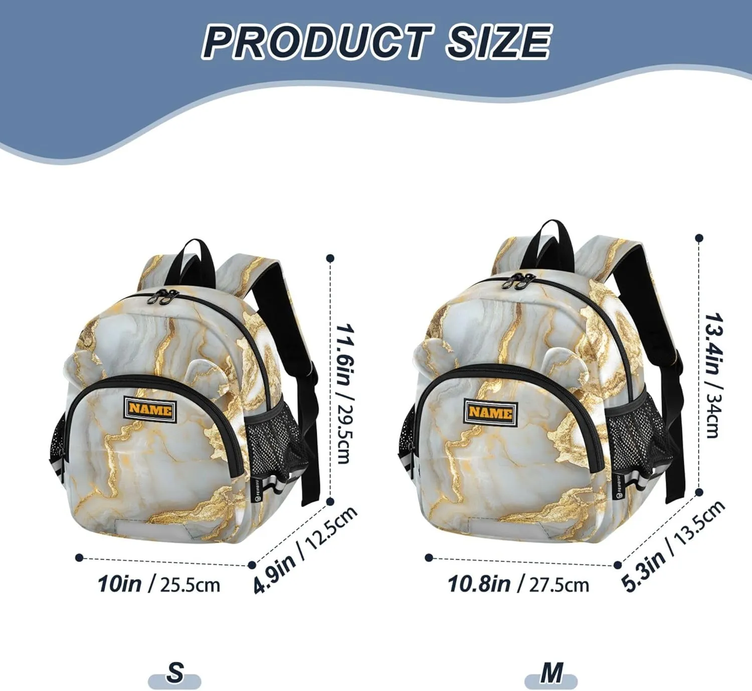KLL Custom Cute Ears Cute Small Backpacks Leash Boy's/Girl's Anti-Lost Personalized Toddler Book Bag with Reflective Strip S Marble White Gold
