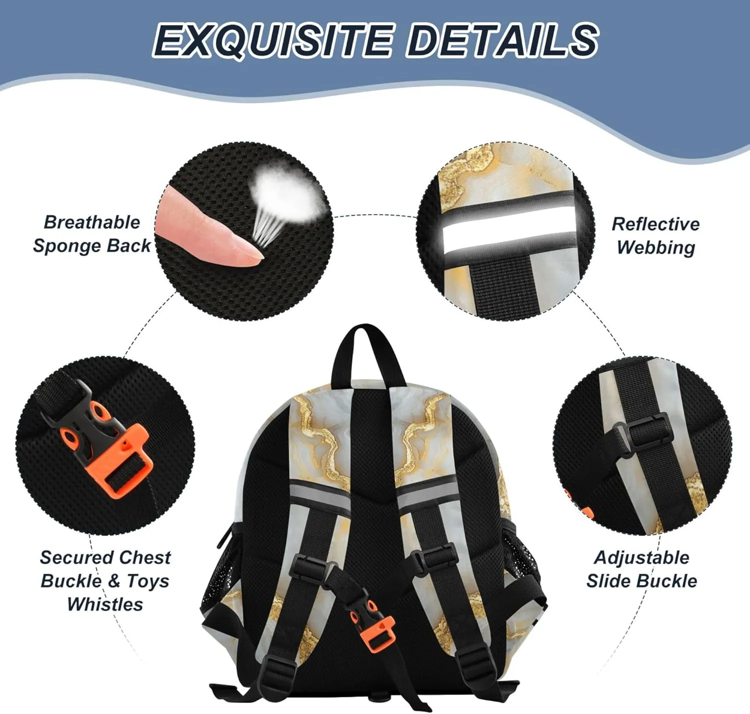 KLL Custom Cute Ears Cute Small Backpacks Leash Boy's/Girl's Anti-Lost Personalized Toddler Book Bag with Reflective Strip S Marble White Gold